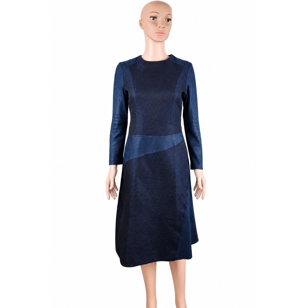 Marlowe XS Navy Blue Textured Faux Leather Look A Line Midi Dress Long Sleeve